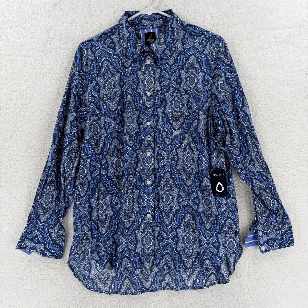 Nautica Jeans Shirt Womens Medium Blue Paisley Button Front‎ Long Sleeve Top